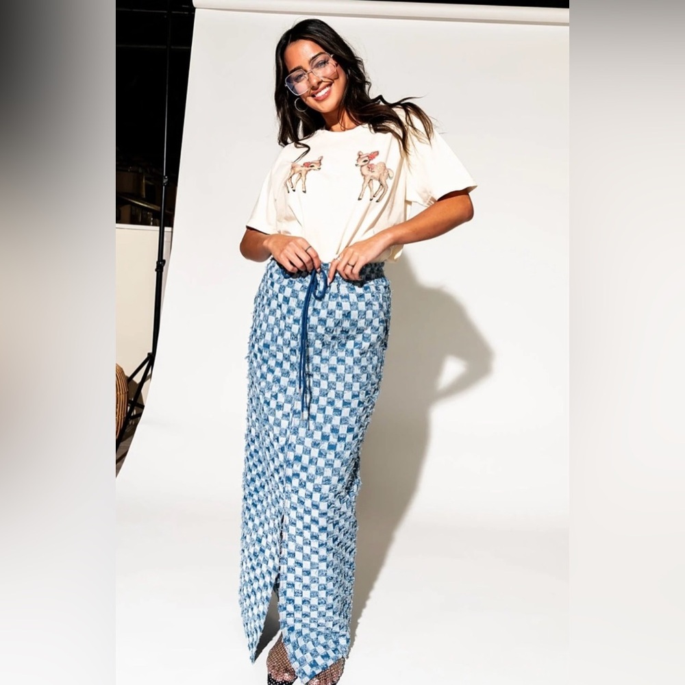 Dressed in Lala Check Mate Textured Denim Maxi Skirt